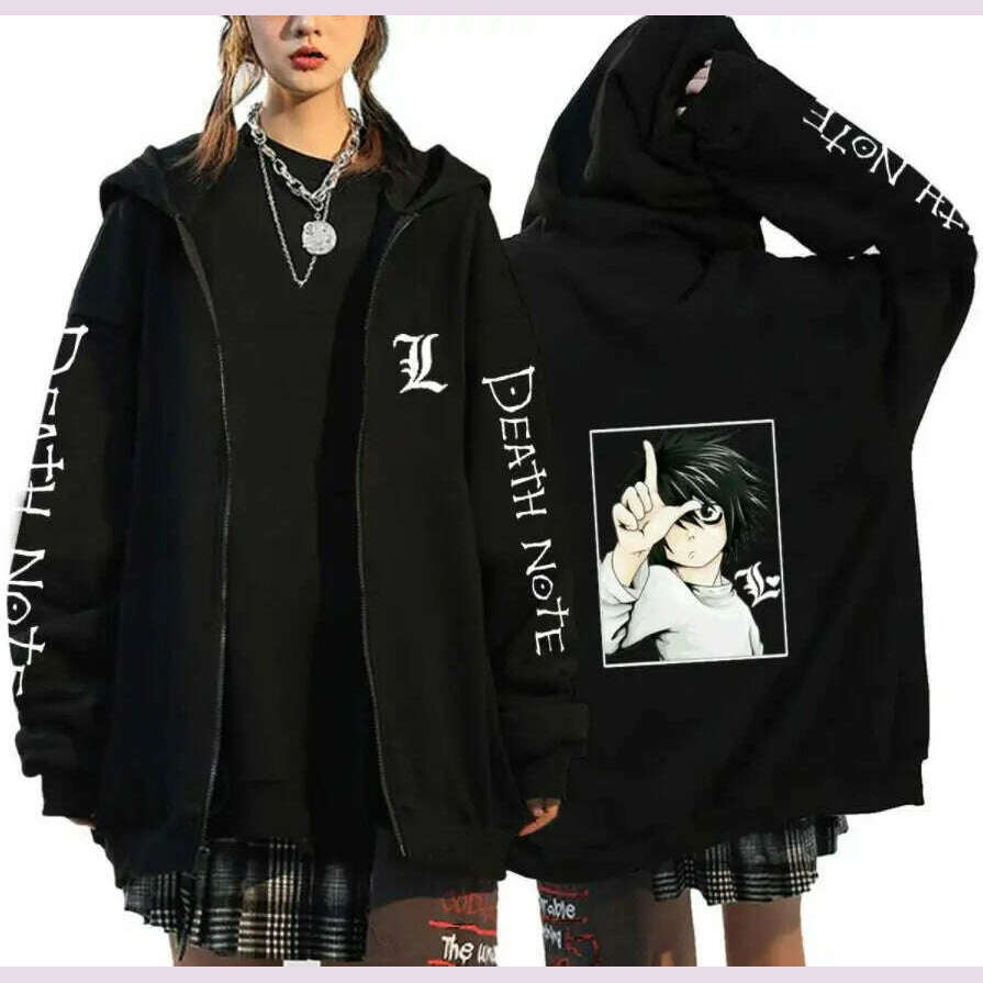 KIMLUD, Oversized Hoodie Death Note Zip Up Hoodie Moletom Feminino Casual Streetwear Sweatshirts Vetement Homme Anime Tops Jackets, Black -10 / M, KIMLUD APPAREL - Womens Clothes