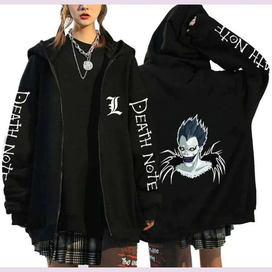 KIMLUD, Oversized Hoodie Death Note Zip Up Hoodie Moletom Feminino Casual Streetwear Sweatshirts Vetement Homme Anime Tops Jackets, Black -14 / XL, KIMLUD APPAREL - Womens Clothes