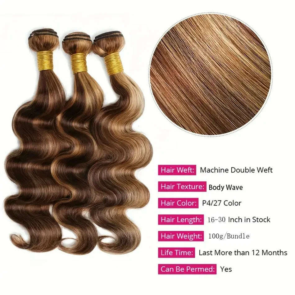 P4/27 Highlight Body Wave Bundles Ombre Blonde Human Hair Bundles Extensions Wavy 100% Brazilian Remy Human Hair 3 Bundles Weave - KIMLUD