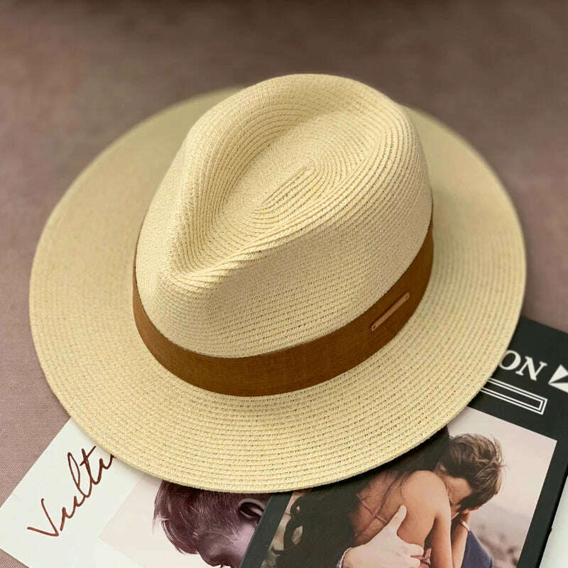 KIMLUD, Panama Straw Hat Unisex Top Hat Fedora Hat Big Head Size Sunshade Adjustable Elegant Gentleman Versatile Style, Oat yellow / M 54-57cm / CHINA, KIMLUD APPAREL - Womens Clothes