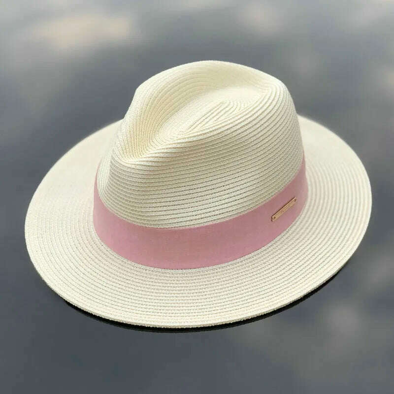 KIMLUD, Panama Straw Hat Unisex Top Hat Fedora Hat Big Head Size Sunshade Adjustable Elegant Gentleman Versatile Style, Cream pink ribbon / M 54-57cm / CHINA, KIMLUD APPAREL - Womens Clothes