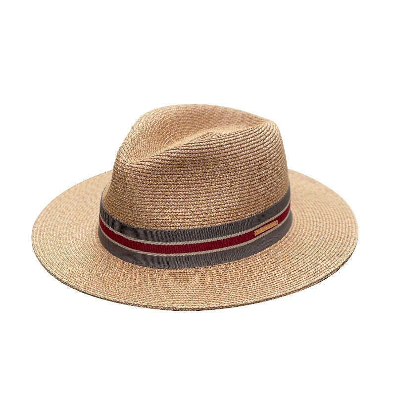 KIMLUD, Panama Straw Hat Unisex Top Hat Fedora Hat Big Head Size Sunshade Adjustable Elegant Gentleman Versatile Style, Striped red Brown / M 54-57cm / CHINA, KIMLUD APPAREL - Womens Clothes