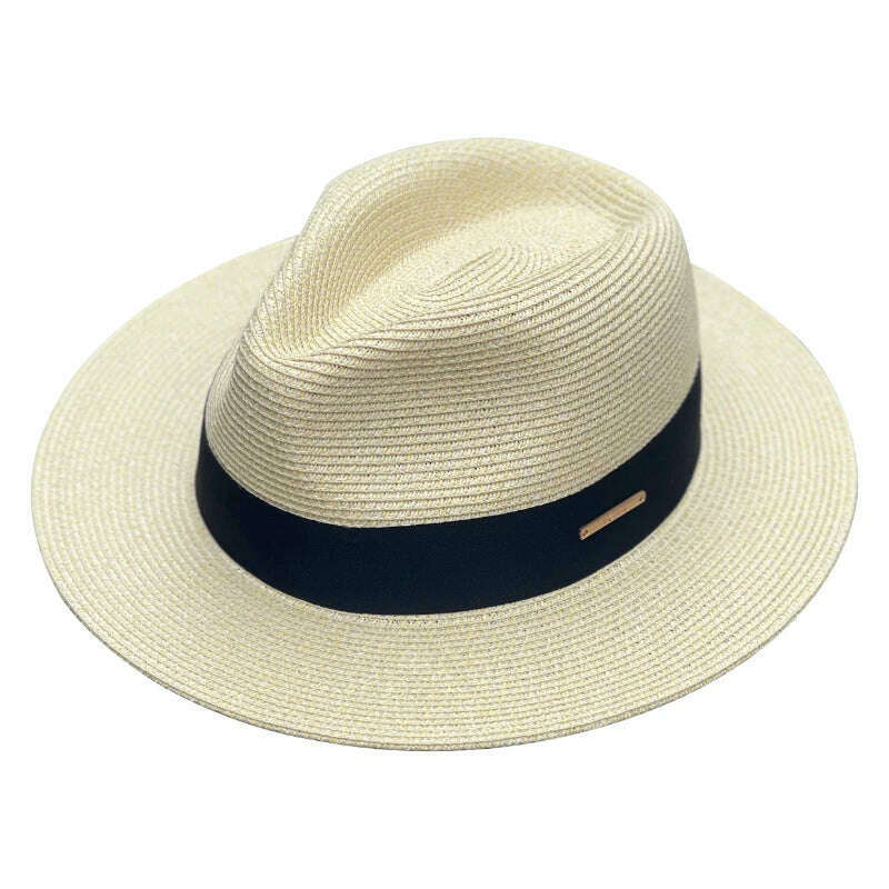 KIMLUD, Panama Straw Hat Unisex Top Hat Fedora Hat Big Head Size Sunshade Adjustable Elegant Gentleman Versatile Style, Oatyellow black belt / M 54-57cm / CHINA, KIMLUD APPAREL - Womens Clothes