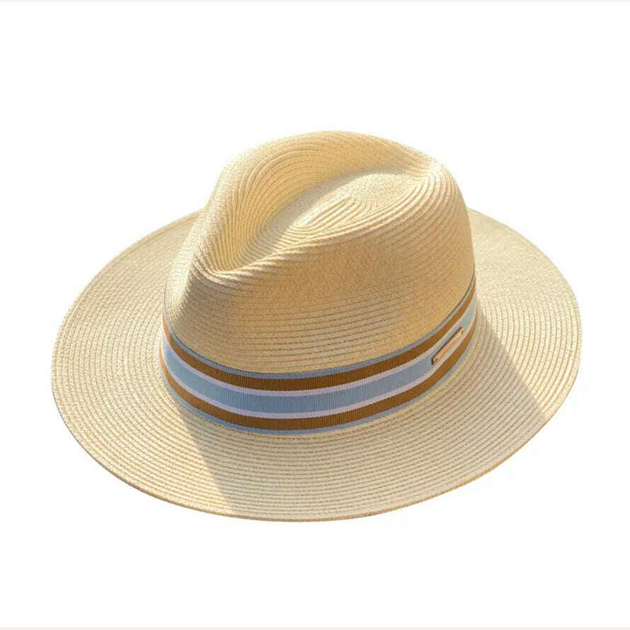 KIMLUD, Panama Straw Hat Unisex Top Hat Fedora Hat Big Head Size Sunshade Adjustable Elegant Gentleman Versatile Style, Striped beige / M 54-57cm / CHINA, KIMLUD APPAREL - Womens Clothes