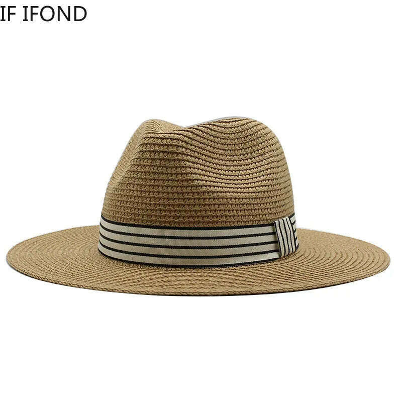 Panama Summer Straw Hats for Women Men Wide Brim Breathable Sun Beach Straw Hat UV Protection Fedora Cap - KIMLUD