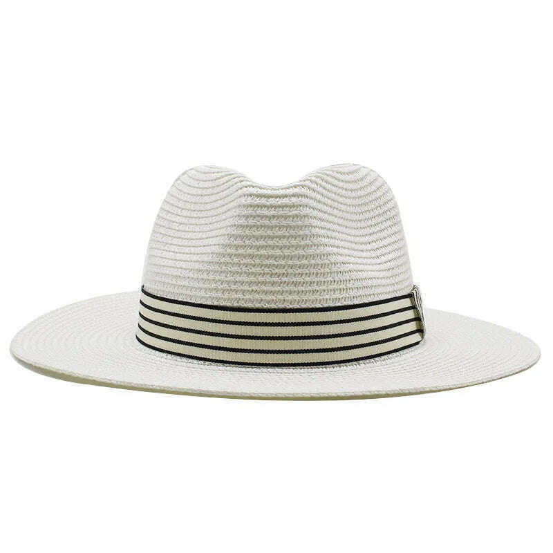 KIMLUD, Panama Summer Straw Hats for Women Men Wide Brim Breathable Sun Beach Straw Hat UV Protection Fedora Cap, WHITE / 56-58cm, KIMLUD APPAREL - Womens Clothes