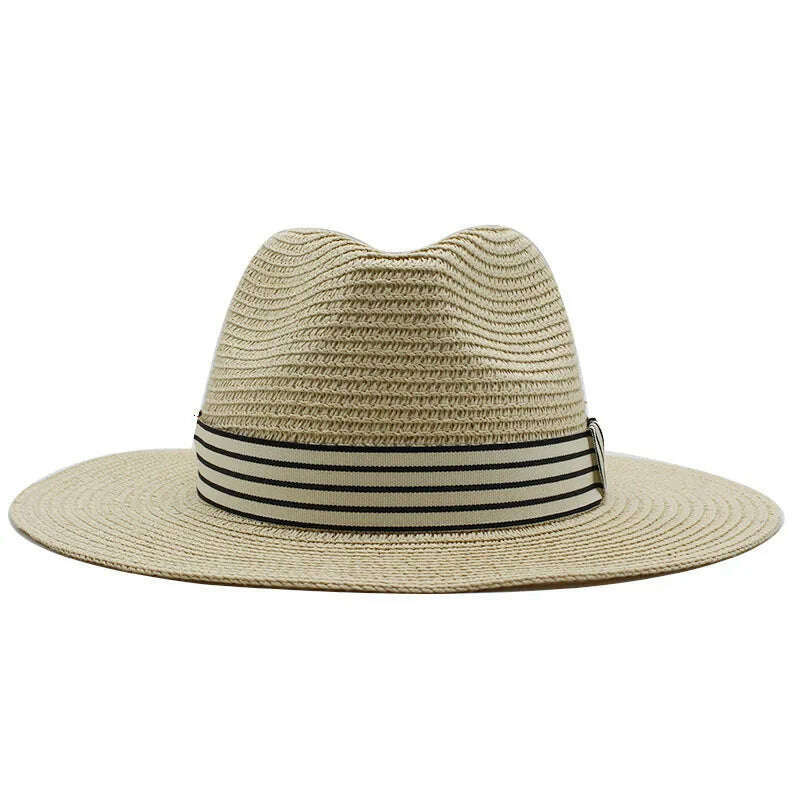 KIMLUD, Panama Summer Straw Hats for Women Men Wide Brim Breathable Sun Beach Straw Hat UV Protection Fedora Cap, Beige / 56-58cm, KIMLUD APPAREL - Womens Clothes