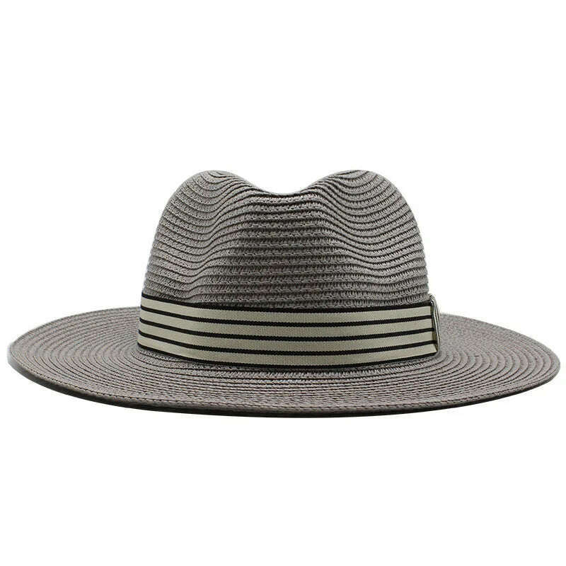 KIMLUD, Panama Summer Straw Hats for Women Men Wide Brim Breathable Sun Beach Straw Hat UV Protection Fedora Cap, GRAY / 56-58cm, KIMLUD APPAREL - Womens Clothes