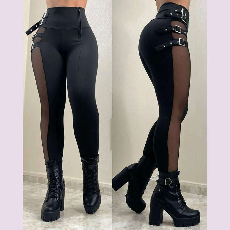 pant women fashion 2022 new Mesh Patch Buckled High Waist casual Pants sexy Skinny Daily women's bottom new fashion - KIMLUD