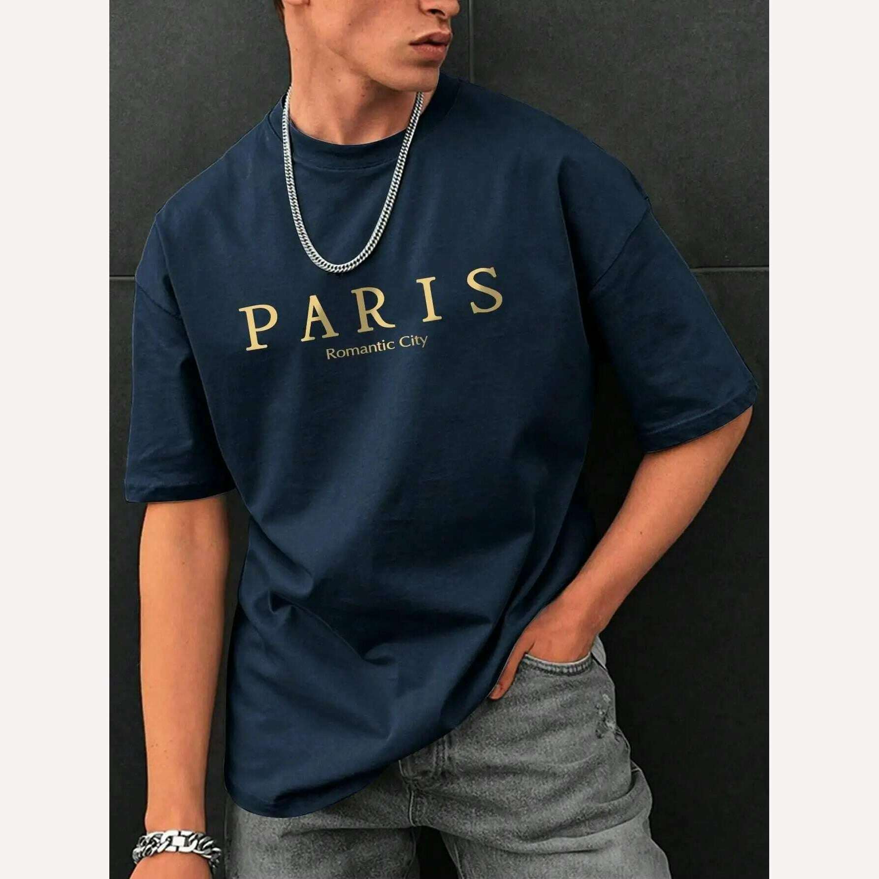 Paris Romantic City Letter Graphic Print Tees Men T-Shirt Summer Loose Clothing Loose Cotton Oversize Tshirt Street Soft Tops - KIMLUD