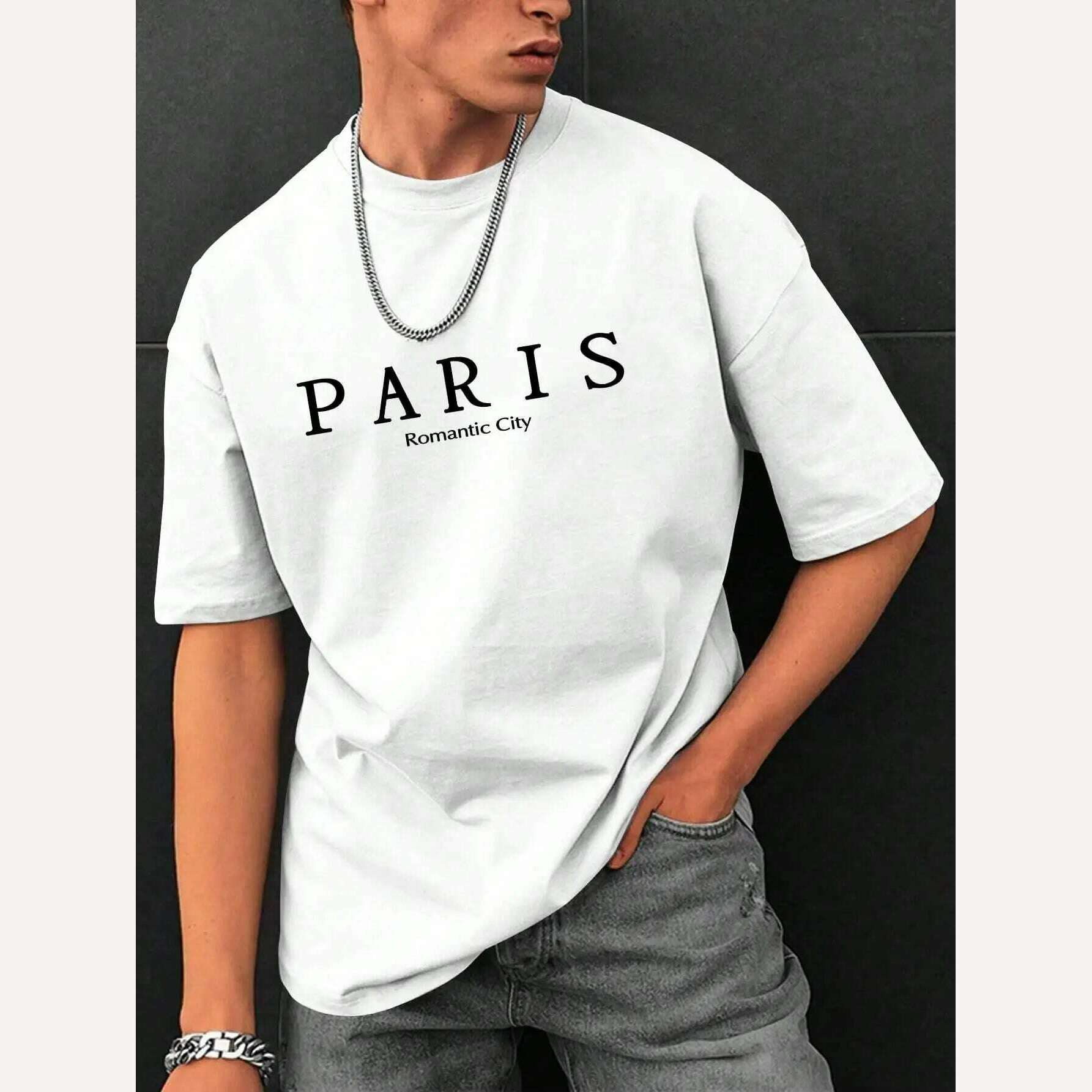 KIMLUD, Paris Romantic City Letter Graphic Print Tees Men T-Shirt Summer Loose Clothing Loose Cotton Oversize Tshirt Street Soft Tops, White / L, KIMLUD APPAREL - Womens Clothes