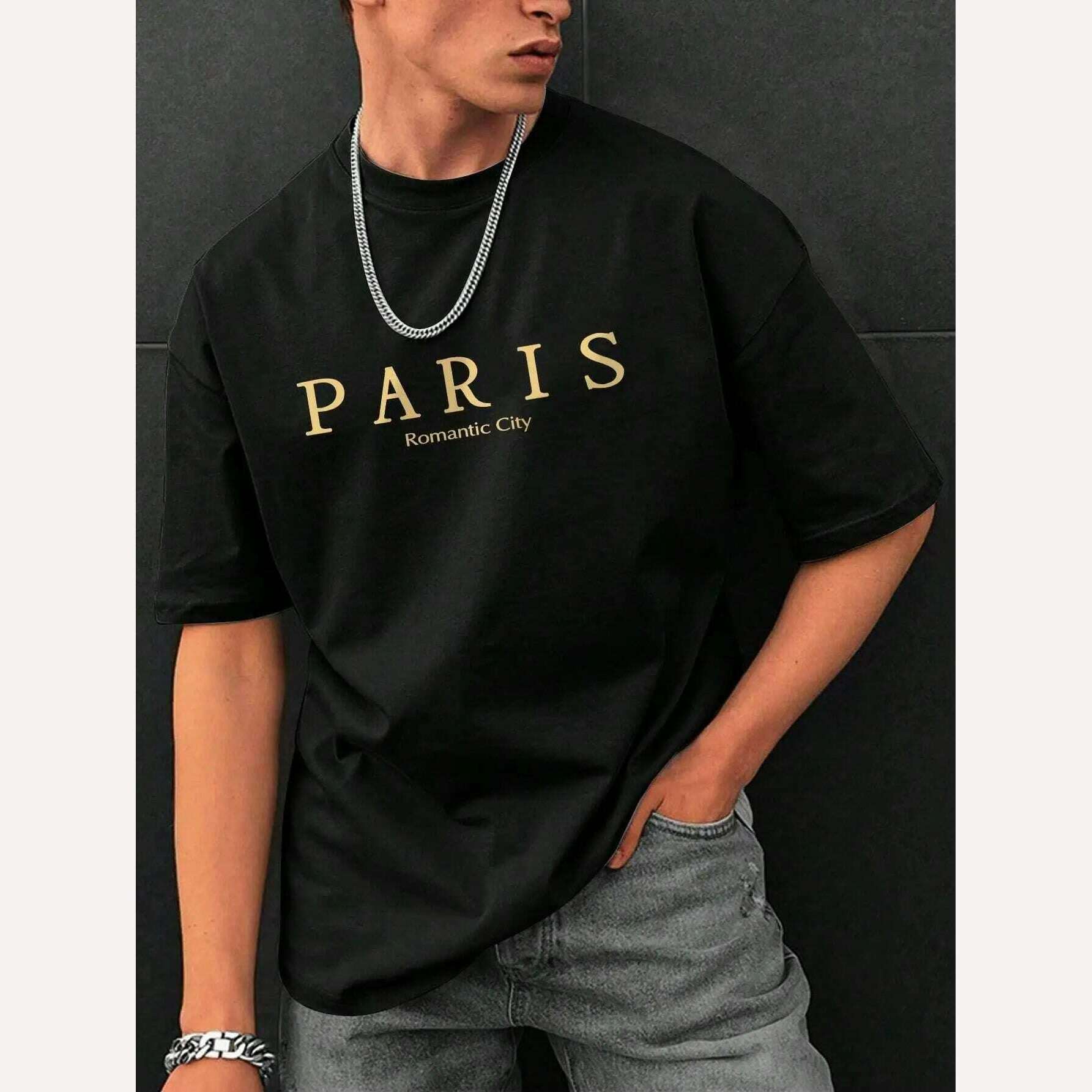 KIMLUD, Paris Romantic City Letter Graphic Print Tees Men T-Shirt Summer Loose Clothing Loose Cotton Oversize Tshirt Street Soft Tops, Black / S, KIMLUD APPAREL - Womens Clothes