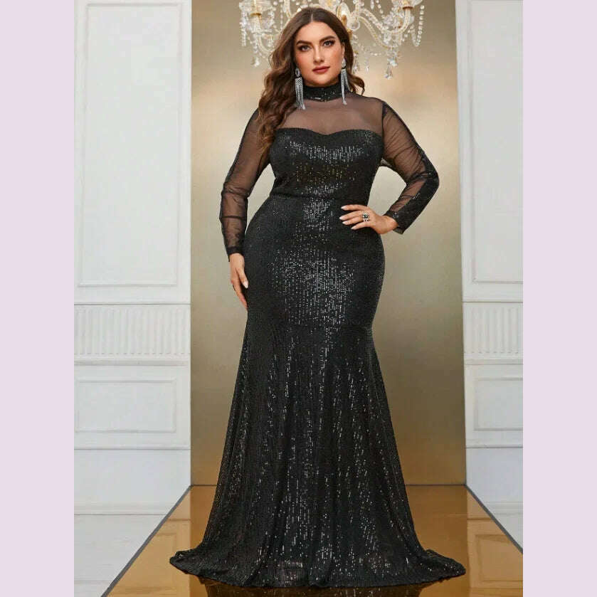 Party Dresses Plus Size Women Sequins Lace Splicing Black Elegant Evening Dresses Long Sleeve Large Fashion Lady Banquet Dress - KIMLUD