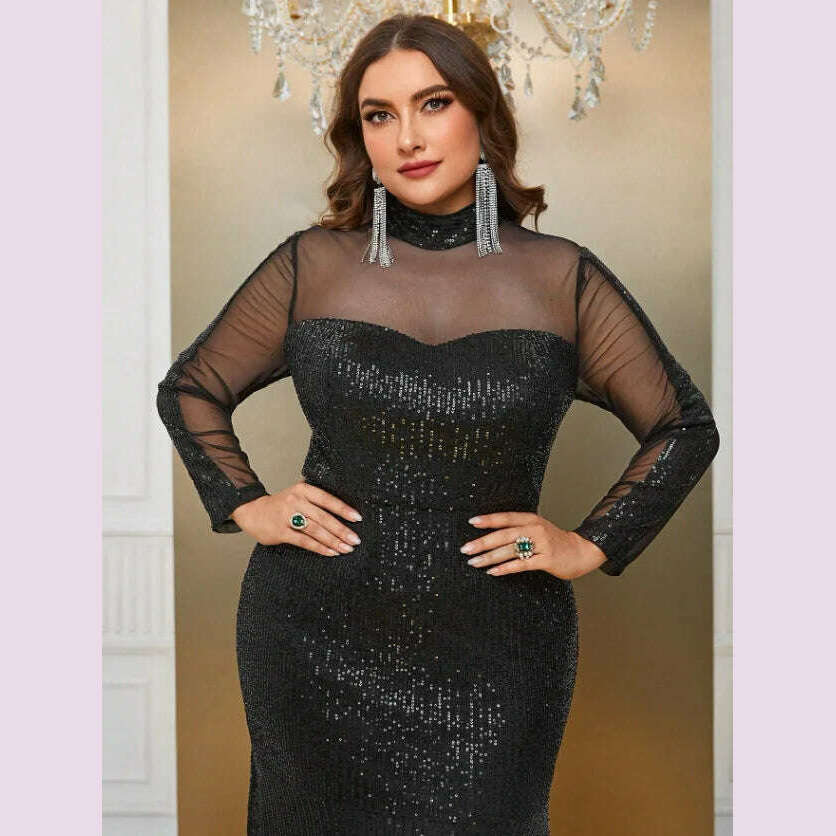 KIMLUD, Party Dresses Plus Size Women Sequins Lace Splicing Black Elegant Evening Dresses Long Sleeve Large Fashion Lady Banquet Dress, KIMLUD Womens Clothes