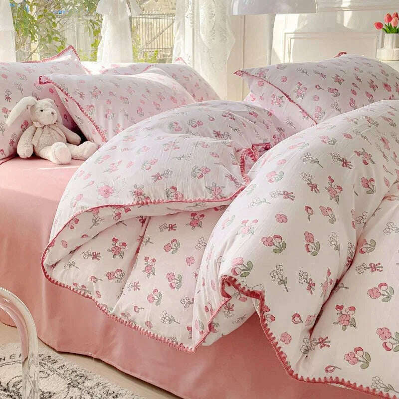 KIMLUD, Pastoral Girls Flower Bedding Sets, Washed Cotton Bed Linens, Soft Quilt Cover Sheet Set, Simple Bedspread, Home Textiles, Rabbit / Single 3pcs 150x200, KIMLUD APPAREL - Womens Clothes