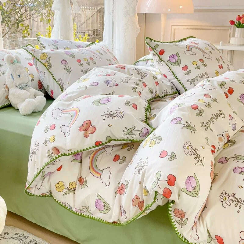 KIMLUD, Pastoral Girls Flower Bedding Sets, Washed Cotton Bed Linens, Soft Quilt Cover Sheet Set, Simple Bedspread, Home Textiles, 5 / Single 3pcs 150x200, KIMLUD APPAREL - Womens Clothes