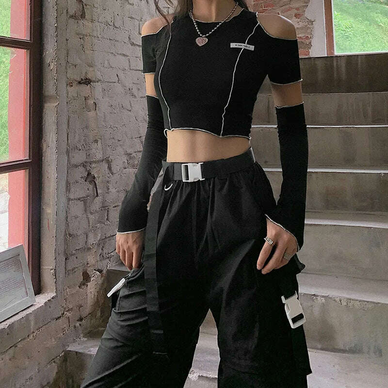 Patchwork Black T-shirts Gothic One Shoulder Sleeve Y2k Crop Tops Ruffles Hem Hip Hop Techwear Women Tees - KIMLUD