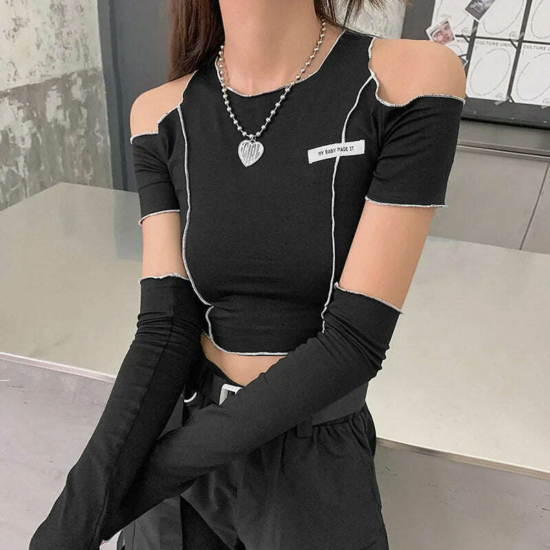 KIMLUD, Patchwork Black T-shirts Gothic One Shoulder Sleeve Y2k Crop Tops Ruffles Hem Hip Hop Techwear Women Tees, KIMLUD Womens Clothes