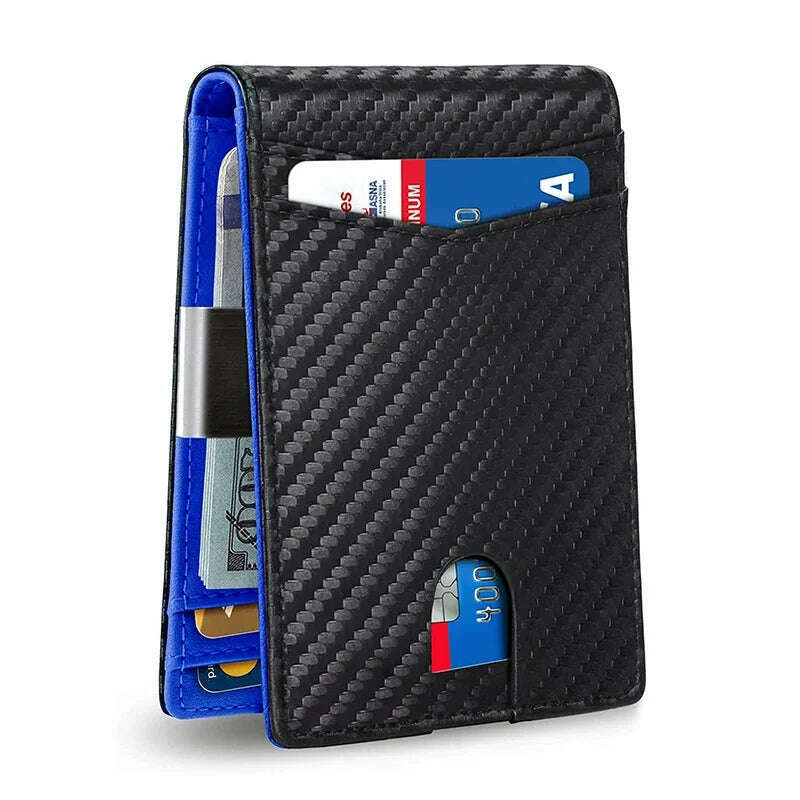 KIMLUD, Personality Short Rfid Leather Men Wallets Carbon Fiber Slim Card Holder Wallet Black Minimalist Wallet for Men Father Day Gifts, Carbon Blue, KIMLUD APPAREL - Womens Clothes