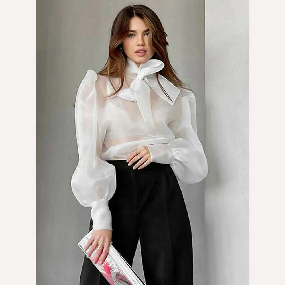 KIMLUD, Perspective Mesh Shirt Women Elegant Sexy See Through Blouses Puff Sleeve Bow Lace Up Tops Office Lady Solid Casual Thin Blouse, KIMLUD Womens Clothes