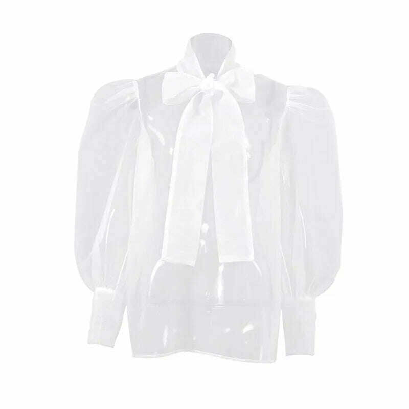 KIMLUD, Perspective Mesh Shirt Women Elegant Sexy See Through Blouses Puff Sleeve Bow Lace Up Tops Office Lady Solid Casual Thin Blouse, WHITE / S, KIMLUD APPAREL - Womens Clothes