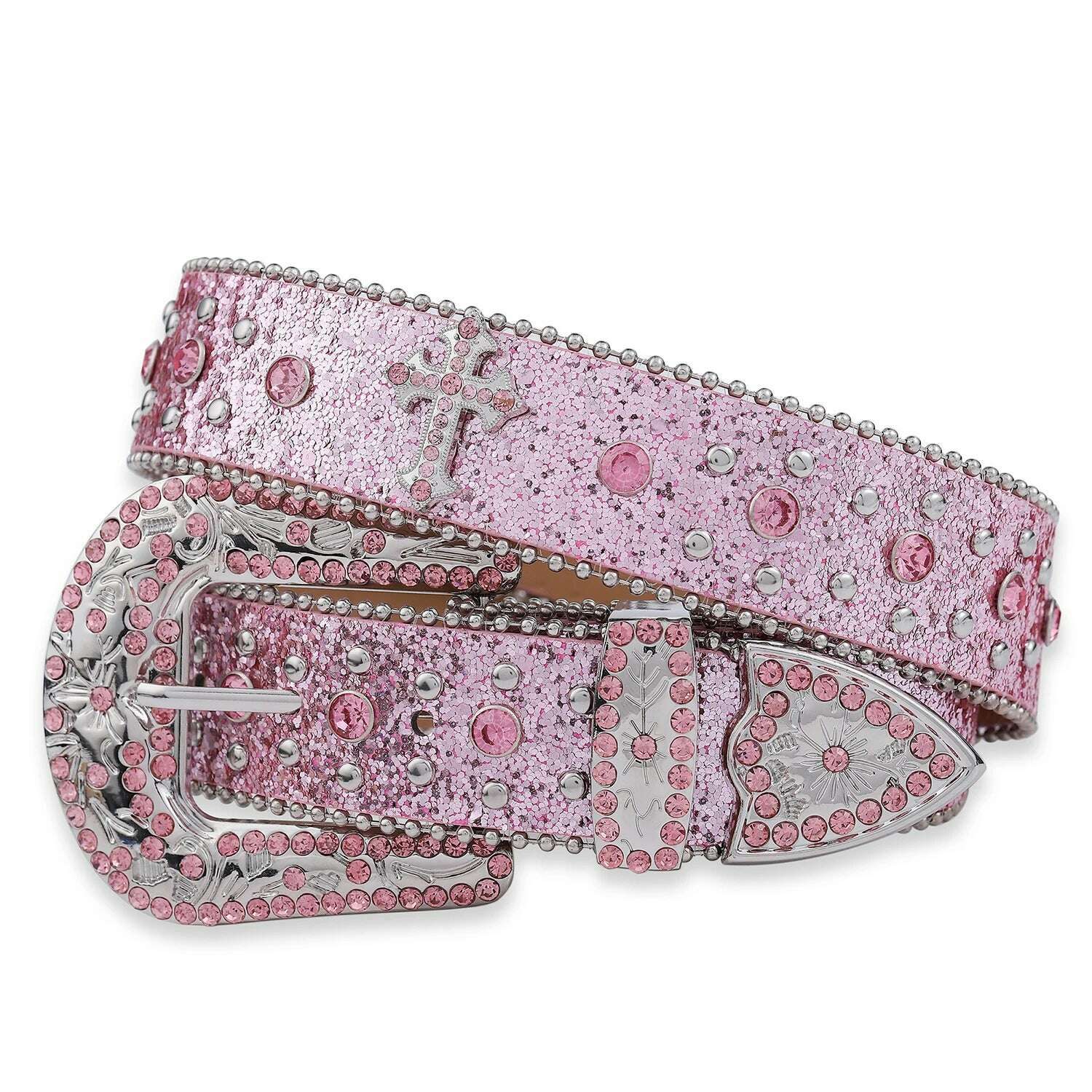 KIMLUD, Pink cross-rivet Rhinestone belt sparkles, punk rock inlaid leather belt for men's jeans, KIMLUD Womens Clothes