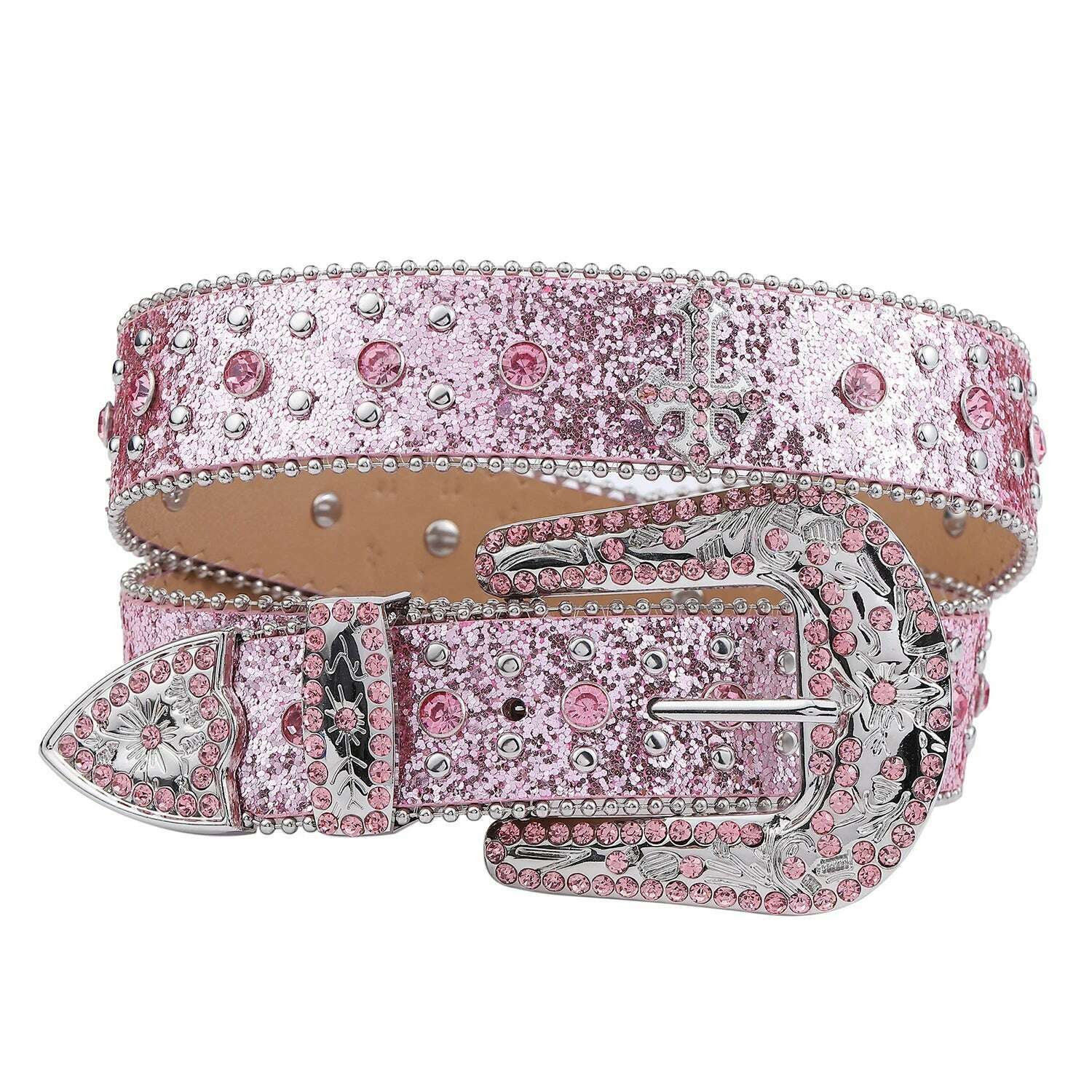 KIMLUD, Pink cross-rivet Rhinestone belt sparkles, punk rock inlaid leather belt for men's jeans, Pink / 115CM, KIMLUD APPAREL - Womens Clothes