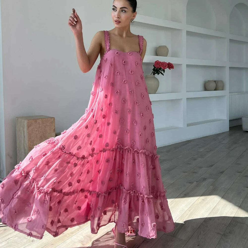 KIMLUD, Pink Flower Maxi Dress Women Elegant Casual Loose Long Holiday Dresses Summer Solid Sleeveless Bohemia Party Dress 2024 Fashion, Pink / XL, KIMLUD APPAREL - Womens Clothes