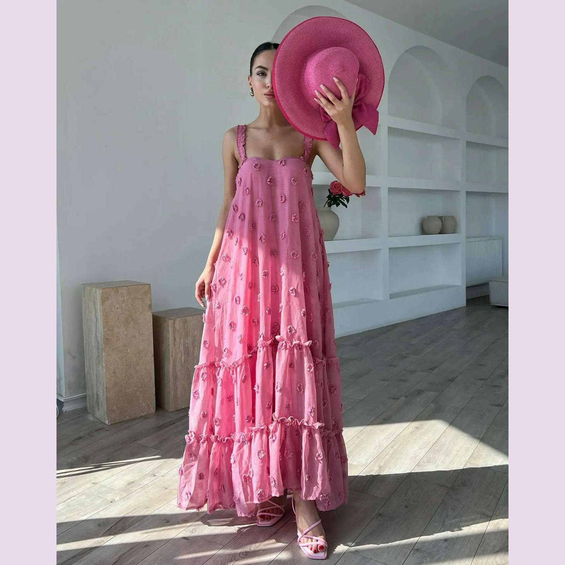 Pink Flower Maxi Dress Women Elegant Casual Loose Long Holiday Dresses Summer Solid Sleeveless Bohemia Party Dress 2024 Fashion - KIMLUD