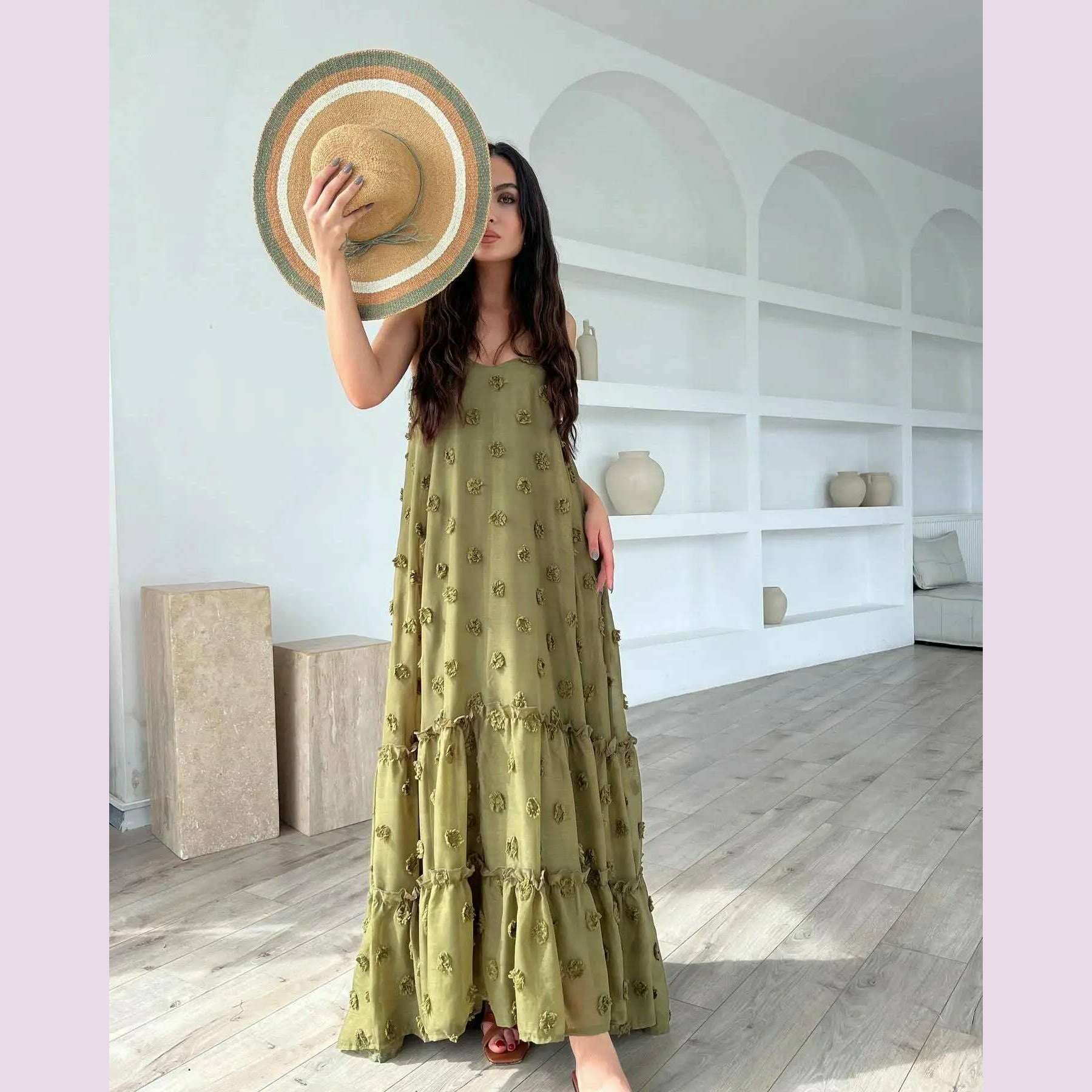 Pink Flower Maxi Dress Women Elegant Casual Loose Long Holiday Dresses Summer Solid Sleeveless Bohemia Party Dress 2024 Fashion - KIMLUD