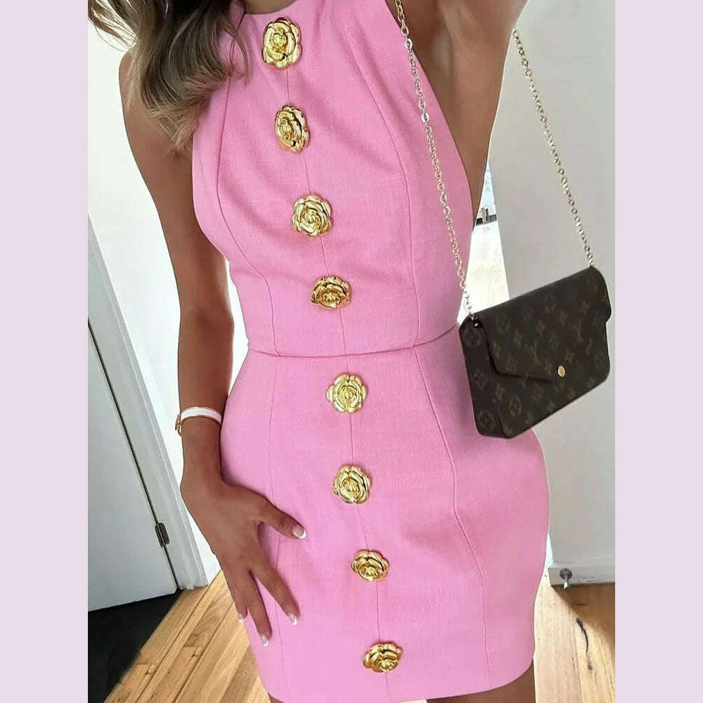 KIMLUD, Pink Halter Hallow Out Backless Mini Dress Women 2024 New Elegant Sleeveless Slim Gold Button Dresses Lady Chic Party Vestidos, KIMLUD Womens Clothes