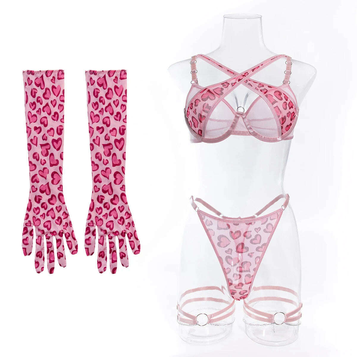 KIMLUD, Pink Leopard Lingerie Set with Metal Chain Valentine's Gift for Her with Gloves Exotic Sets Chain Sexy Garter G-string Kit, KIMLUD Womens Clothes