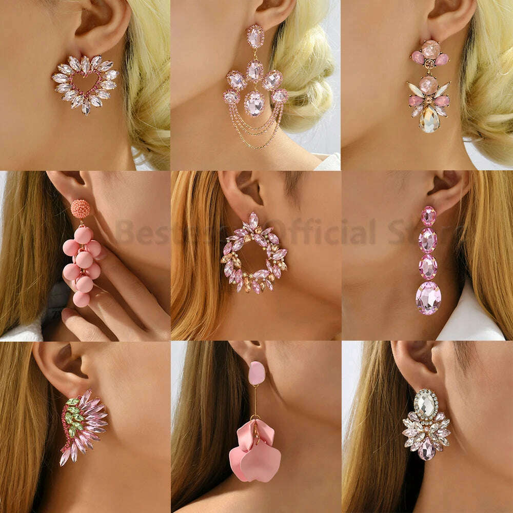 Pink Luxury Crystal Drop Earrings For Women 2023 Trend Flower Petals Feather High Quality Ear Ring Party Romantic Jewelry Gifts - KIMLUD