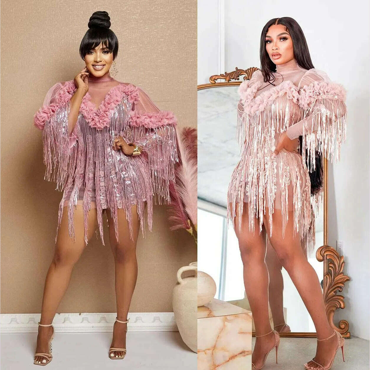 KIMLUD, Pink Sequin Fringe Dress Lady Party Bodycon Evening Dresses 2024 Women Summer Elegant Luxury Mini Pleated Mesh Ruffle Dresses, KIMLUD Womens Clothes