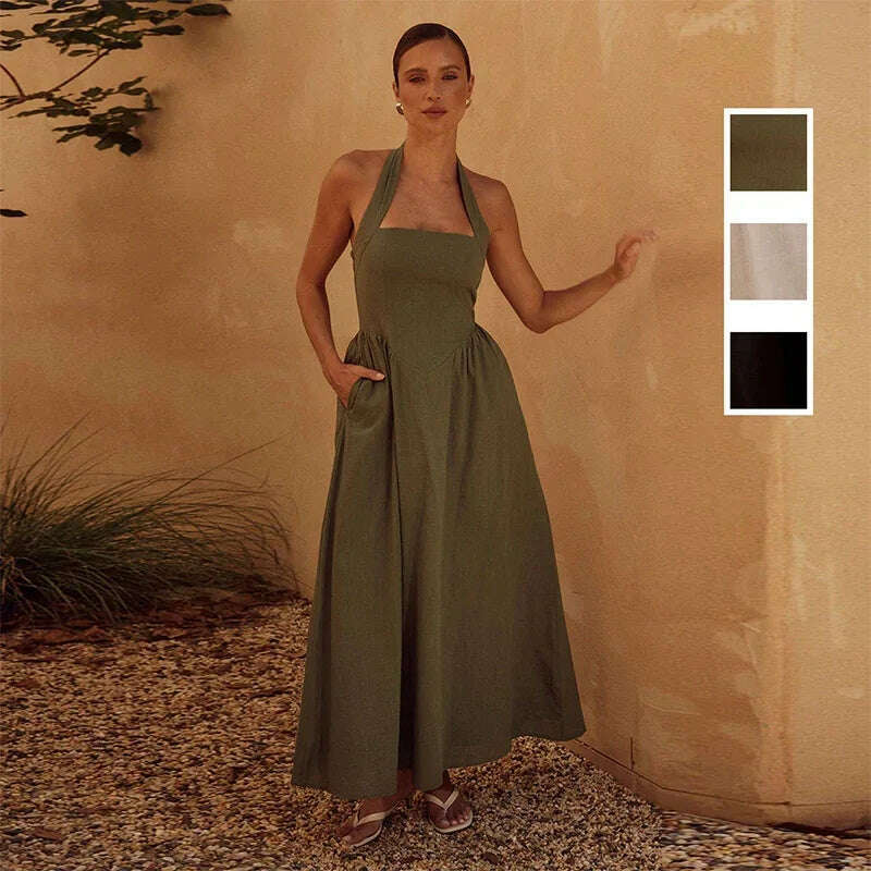 KIMLUD, Pleated Halter Spaghetti Strap Dress Women Solid Backless Zip Midi Dresses 2024 Spring Summer Female Casual Streetwear Vestido, Green / XL, KIMLUD APPAREL - Womens Clothes