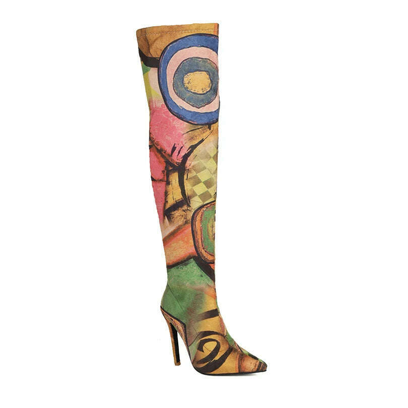 KIMLUD, Plus Size Art Graffiti Over Knee Boots Pointed Toe Ultra-High Fine Heel Elastic Fabric Material Women's Long Boots Printed Boots, green / 34 / CHINA, KIMLUD APPAREL - Womens Clothes