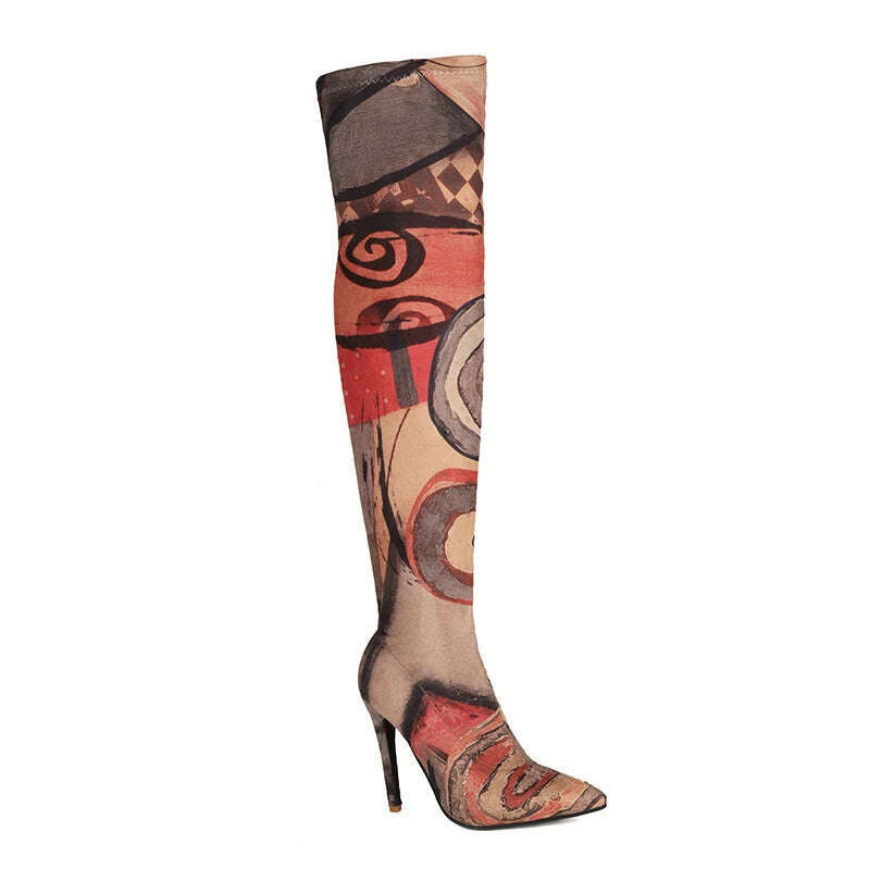 KIMLUD, Plus Size Art Graffiti Over Knee Boots Pointed Toe Ultra-High Fine Heel Elastic Fabric Material Women's Long Boots Printed Boots, Red / 34 / CHINA, KIMLUD APPAREL - Womens Clothes