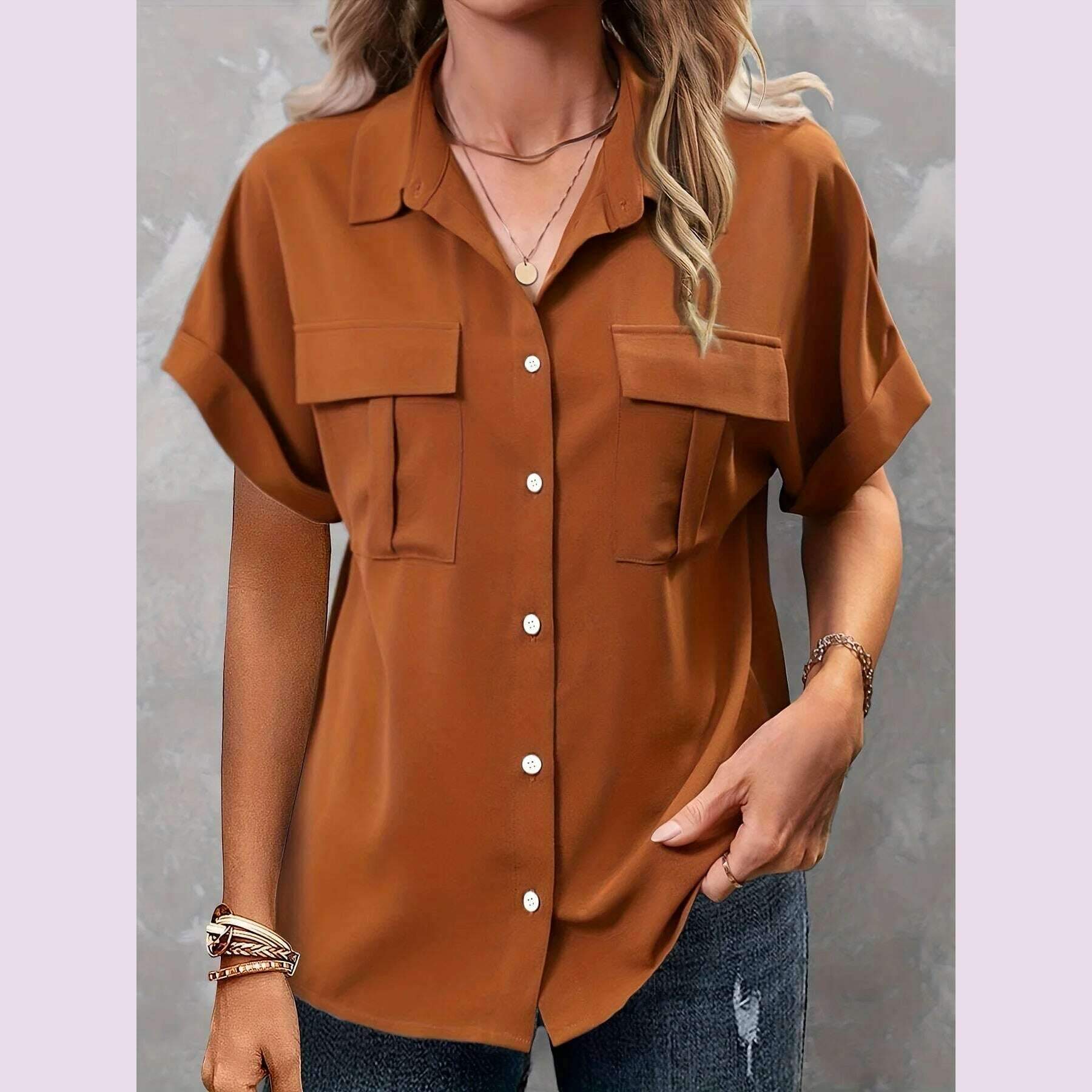 KIMLUD, Plus Size Casual Blouse, Women's Plus Solid Roll Up Short Sleeve Turn Down Collar Button Up Shirt Top With Flap Pockets, KIMLUD Womens Clothes