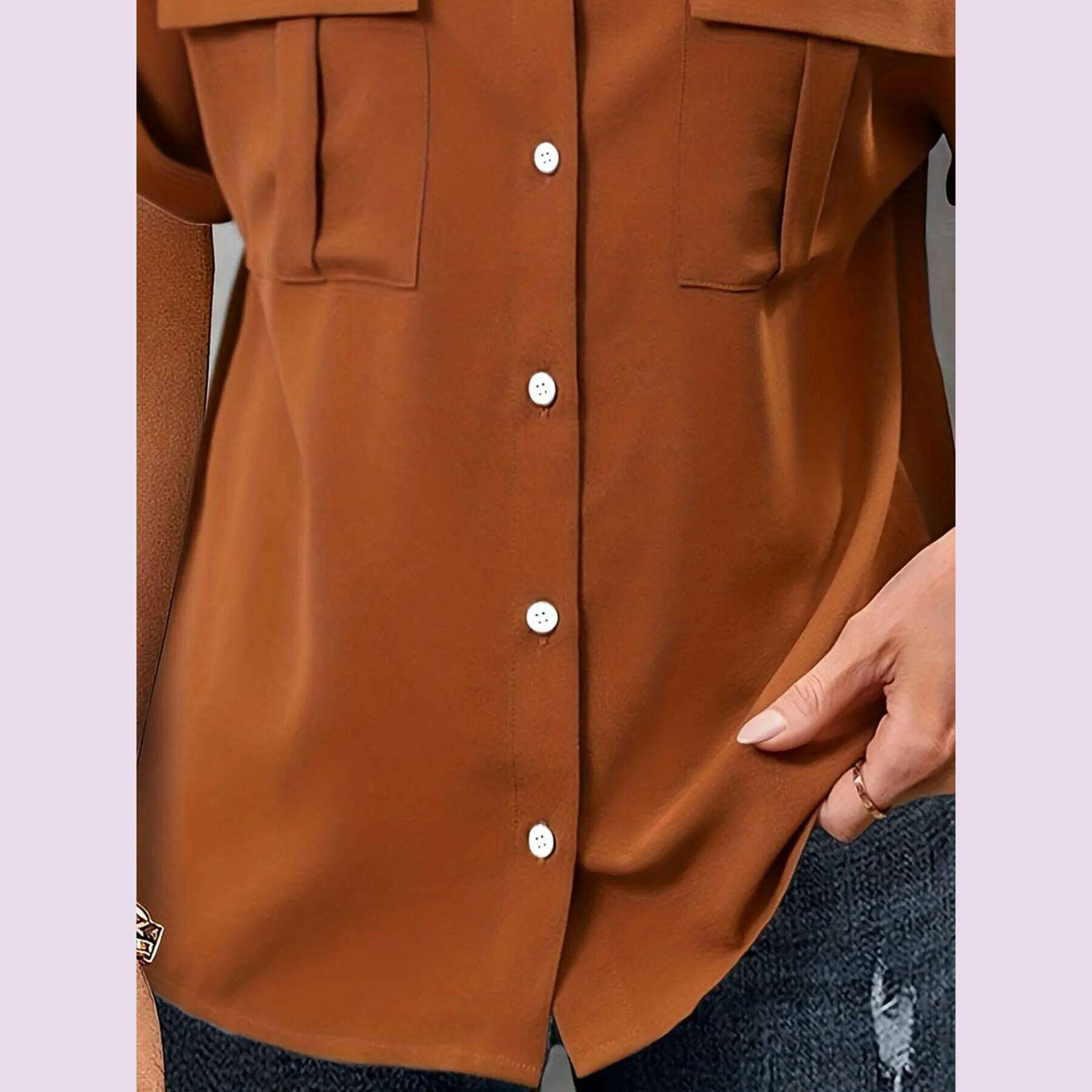 KIMLUD, Plus Size Casual Blouse, Women's Plus Solid Roll Up Short Sleeve Turn Down Collar Button Up Shirt Top With Flap Pockets, KIMLUD Womens Clothes