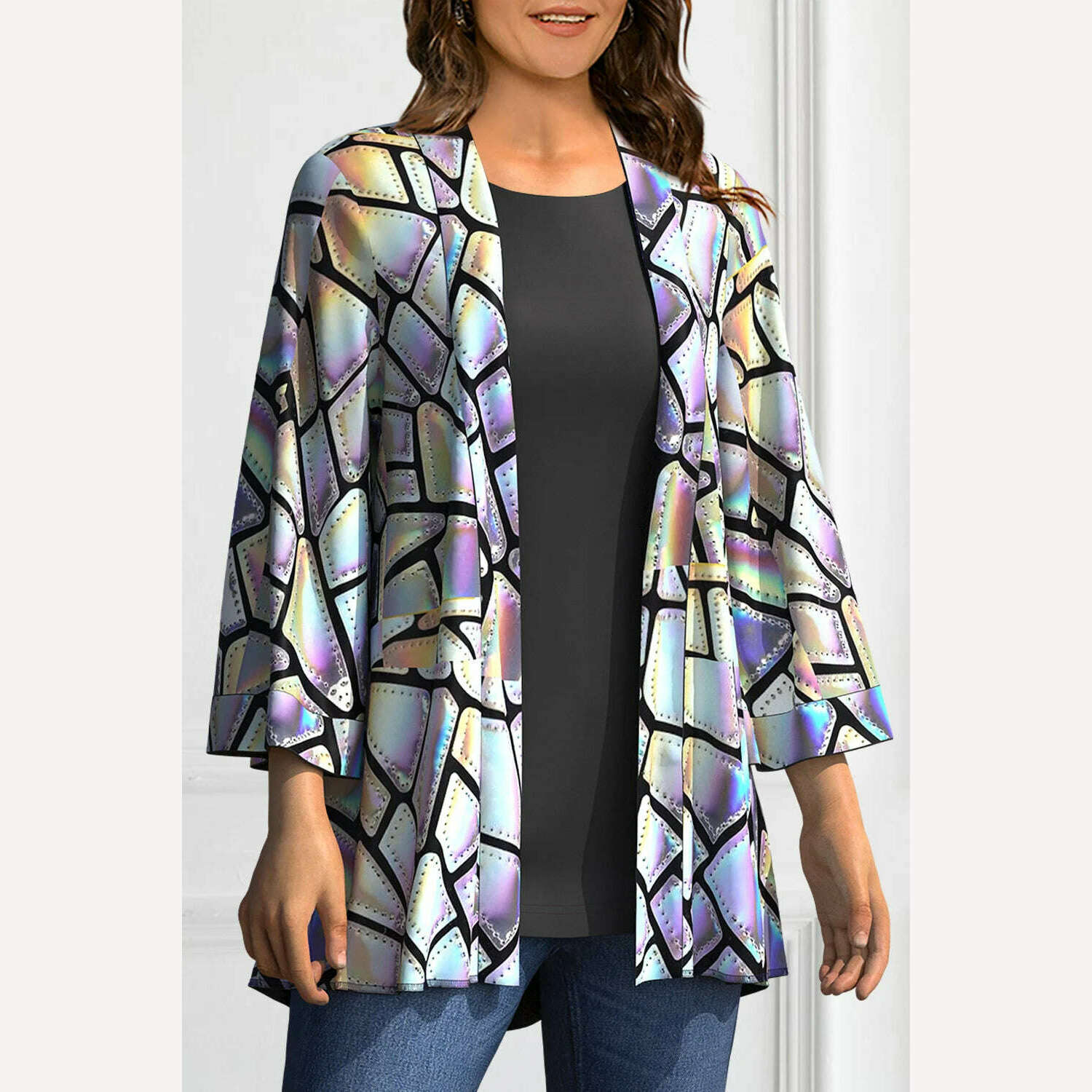 KIMLUD, Plus Size Casual Silver Laser Geometric Print Cardigan Coat Long Sleeved Short Jacket Fashionable Lady Elegant Streetwear 2024, KIMLUD Womens Clothes