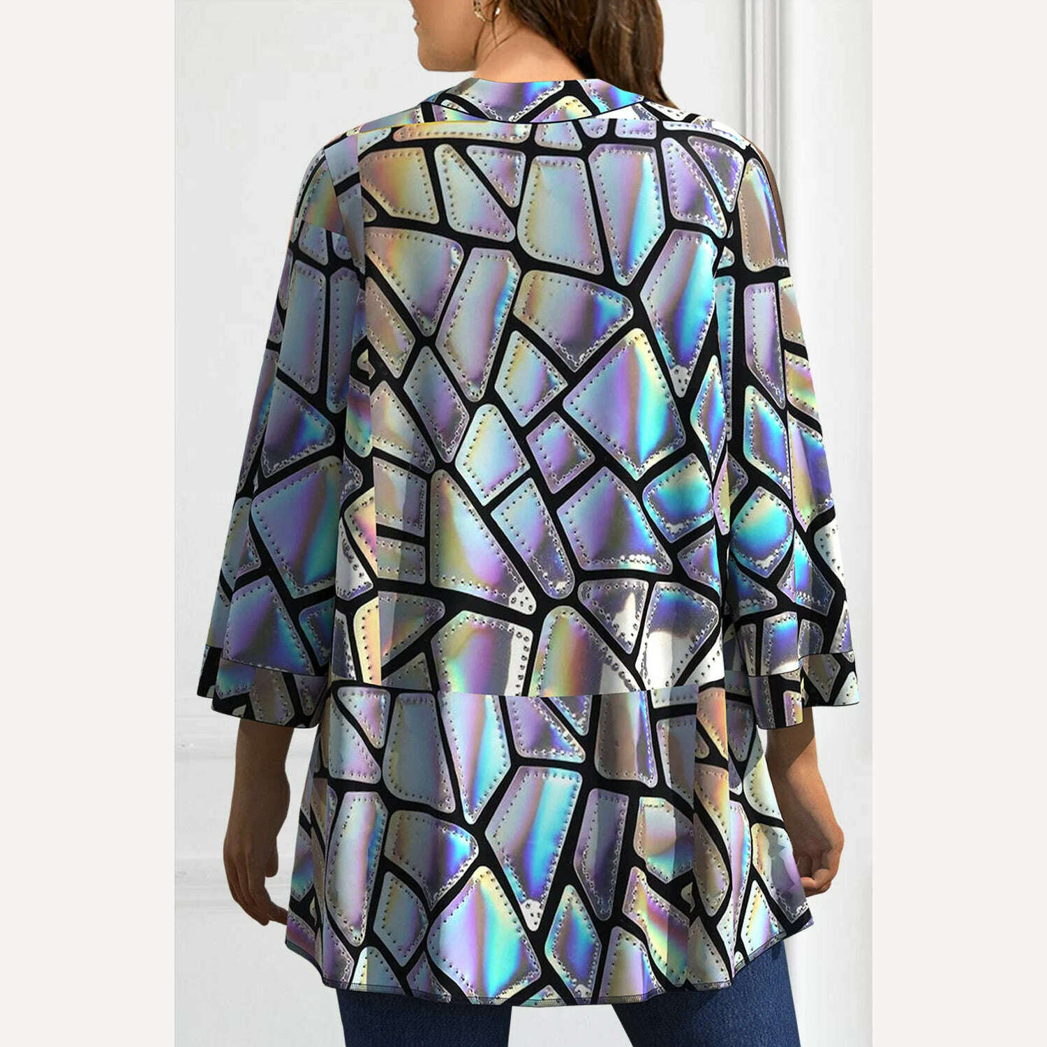 KIMLUD, Plus Size Casual Silver Laser Geometric Print Cardigan Coat Long Sleeved Short Jacket Fashionable Lady Elegant Streetwear 2024, KIMLUD Womens Clothes