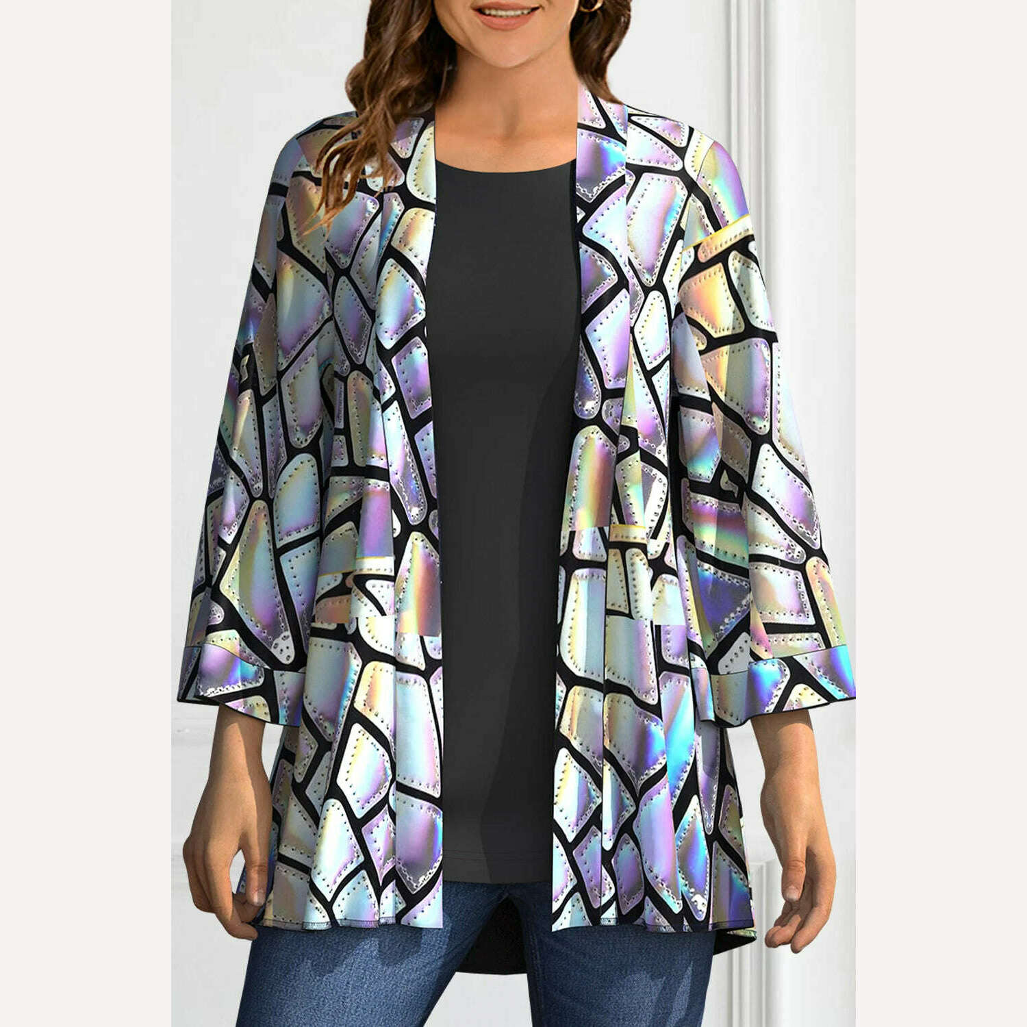 KIMLUD, Plus Size Casual Silver Laser Geometric Print Cardigan Coat Long Sleeved Short Jacket Fashionable Lady Elegant Streetwear 2024, KIMLUD Womens Clothes