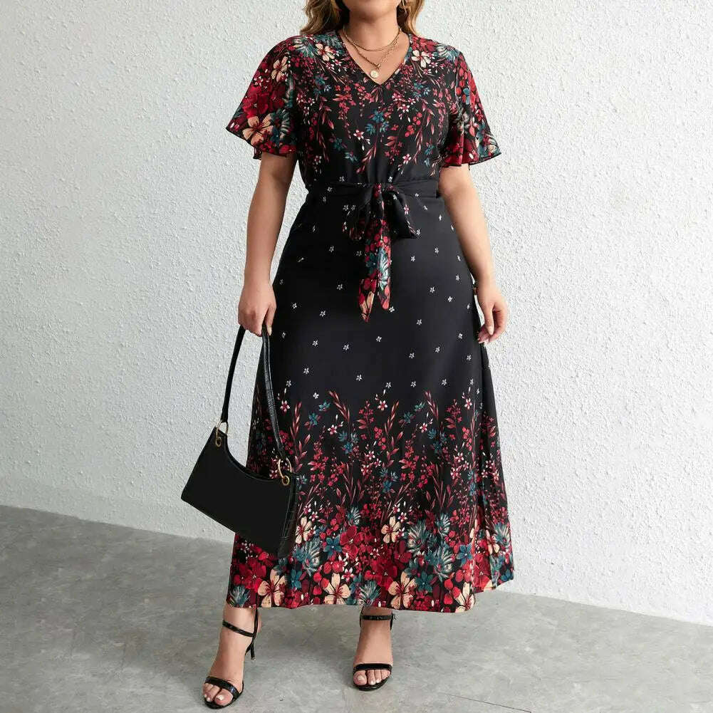 KIMLUD, Plus Size Floral Print Dress Floral Print A-line Maxi Dress with Lace-up Belt V Neck for Women Plus Size Ankle Length Party Prom, KIMLUD Womens Clothes