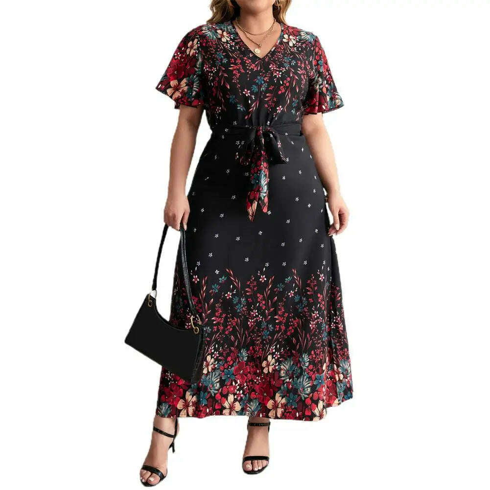 KIMLUD, Plus Size Floral Print Dress Floral Print A-line Maxi Dress with Lace-up Belt V Neck for Women Plus Size Ankle Length Party Prom, KIMLUD Womens Clothes