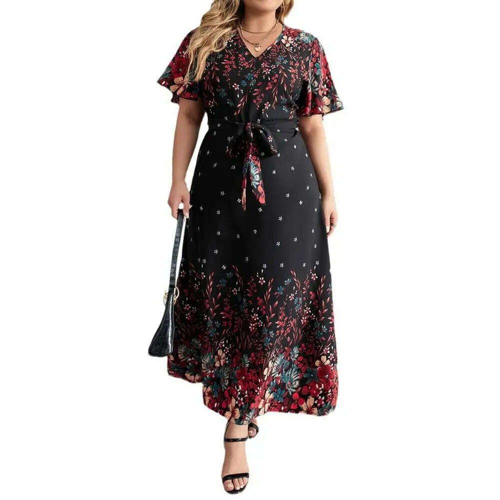 KIMLUD, Plus Size Floral Print Dress Floral Print A-line Maxi Dress with Lace-up Belt V Neck for Women Plus Size Ankle Length Party Prom, Black / 5XL / China, KIMLUD APPAREL - Womens Clothes