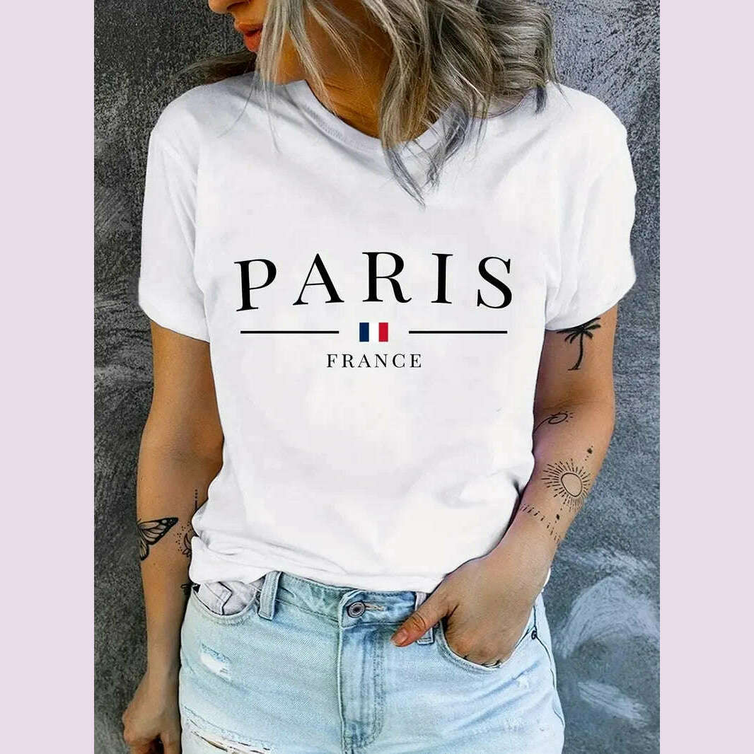 KIMLUD, Plus Size PARIS Print T-shirt, Short Sleeve Crew Neck Casual Top For Summer & Spring, Women's Clothing, KIMLUD Womens Clothes