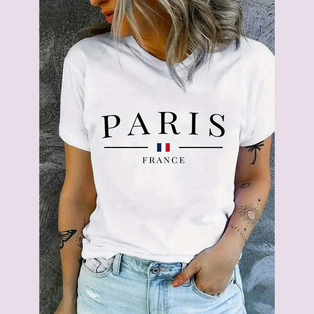 KIMLUD, Plus Size PARIS Print T-shirt, Short Sleeve Crew Neck Casual Top For Summer & Spring, Women's Clothing, YJ013B white / XL, KIMLUD APPAREL - Womens Clothes