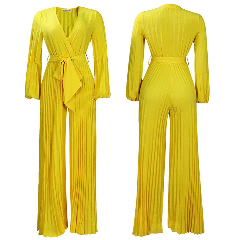 KIMLUD, Plus Size Pleated Jumpsuit Female Casual Loose Elegant Clothing Women One Piece Outfit 2023 Autumn Fashion Wide Leg Pants, Yellow / L, KIMLUD APPAREL - Womens Clothes