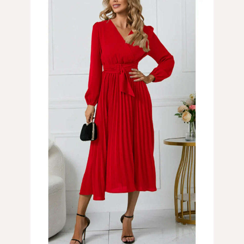 KIMLUD, Plus Size Sexy V-Neck Pleated Party Dress Women Elegant with Belt Long Sleeve Robe Femme European and American Maxi Red Vestido, Red / L, KIMLUD APPAREL - Womens Clothes