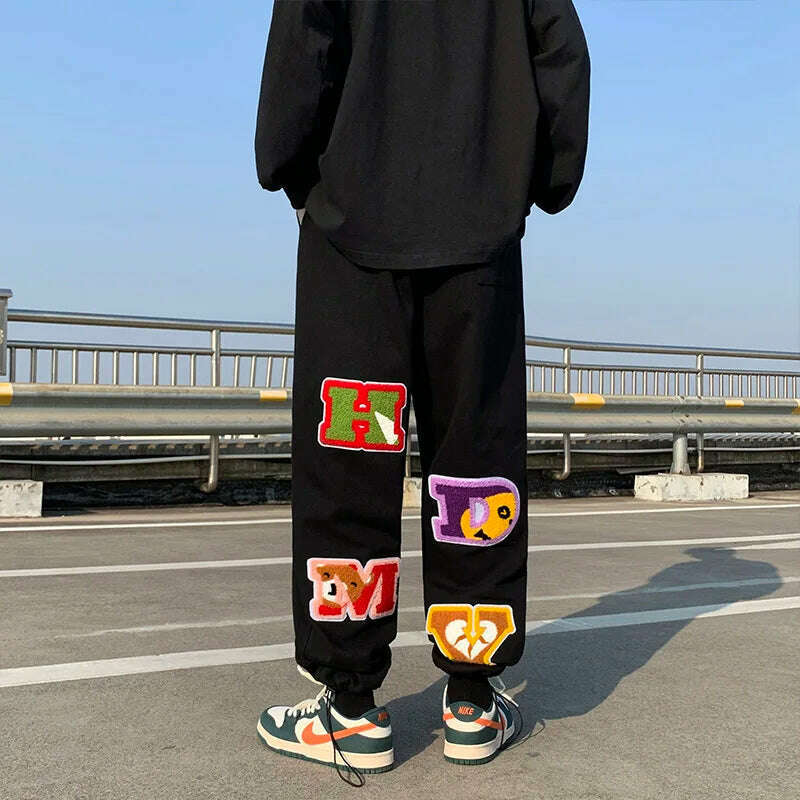 KIMLUD, Preppy Style Letter Embroidery Straight Men Baggy Tracksuit Pants Y2K Clothes Sweatpants Male Drawstring Casual Long Trousers, Black / L / CHINA, KIMLUD APPAREL - Womens Clothes